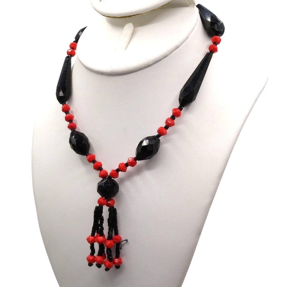 Antique Black and Red Flapper Necklace, French Jet Czech Glass Beads with Beaded